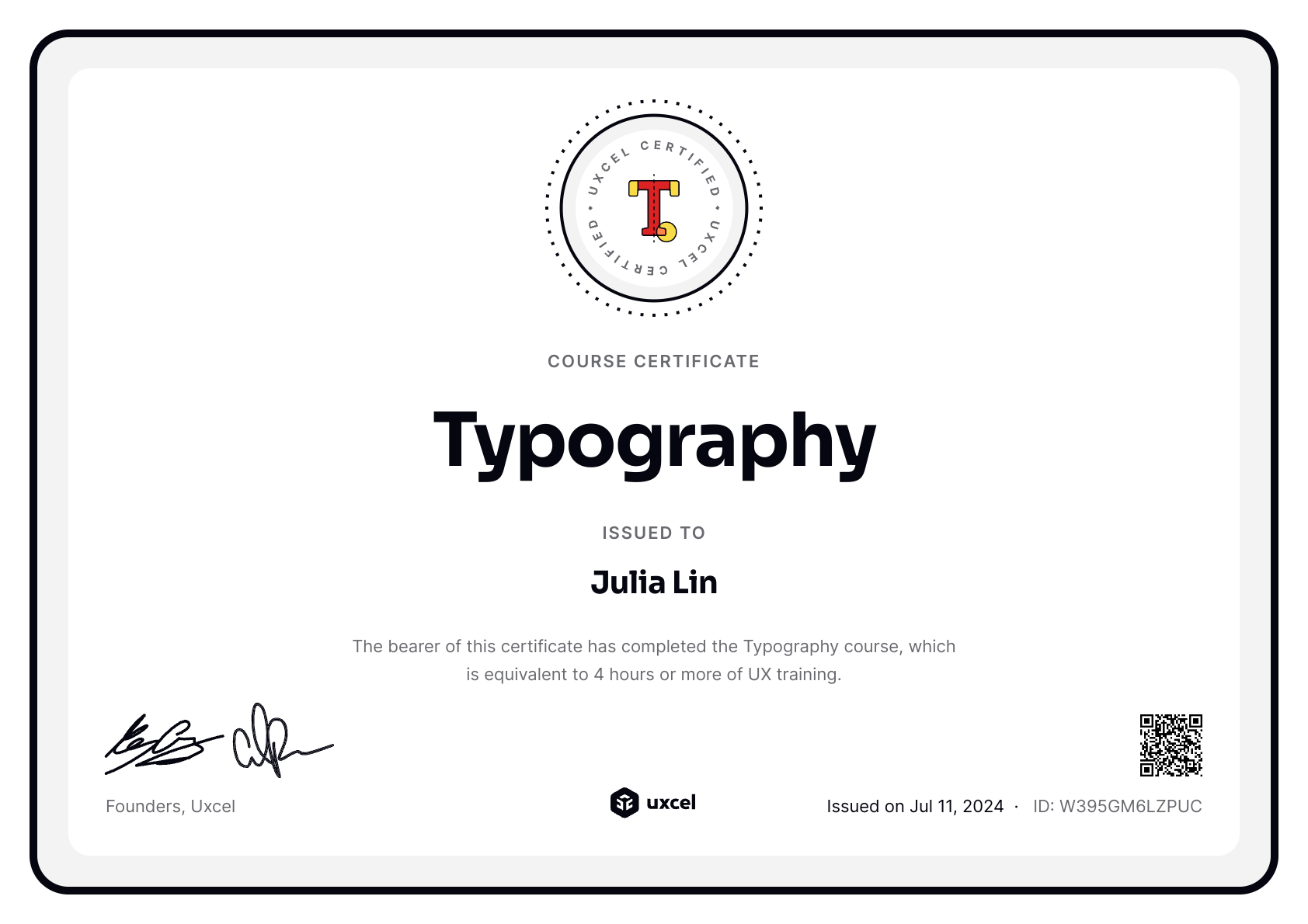 Julia Lin's certificate